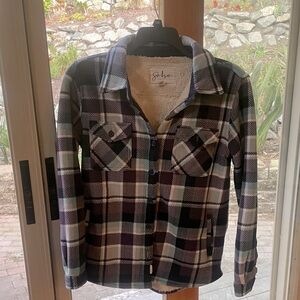 Soho Threads Flannel Fleece Lined Shirt Jacket. Blues and white plaid. Sz S. EUC